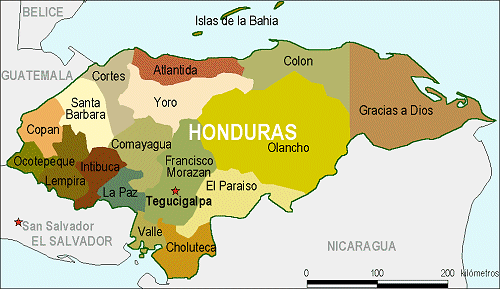 Click to see enlarged states map of Honduras.